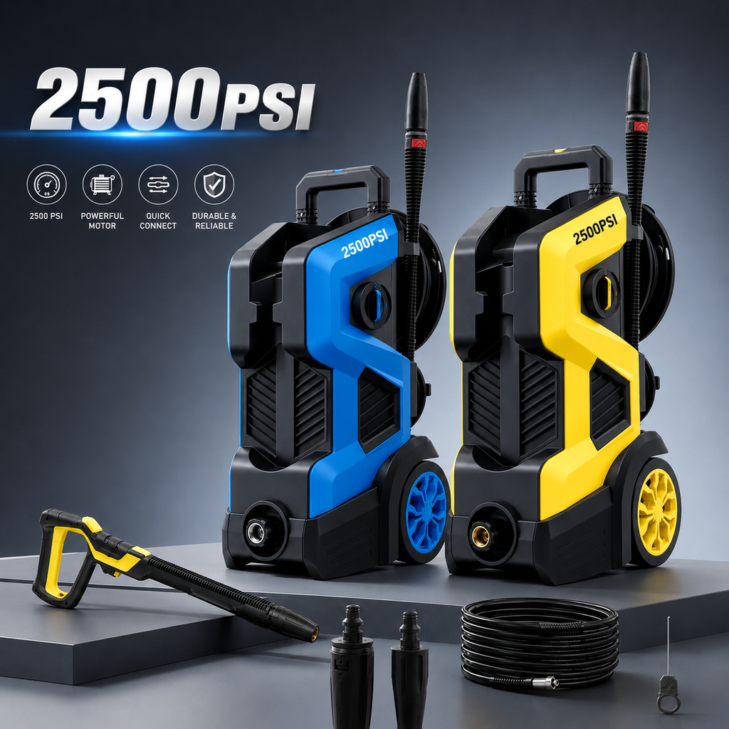 2500 PSI Electric Pressure Washer, Portable Power Washer with Anti-Twist Hose Reel, Detergent Tank, Quick-Connect Nozzles & Auto Stop System for Cars, Driveways, Patios, Decks & Home Cleaning