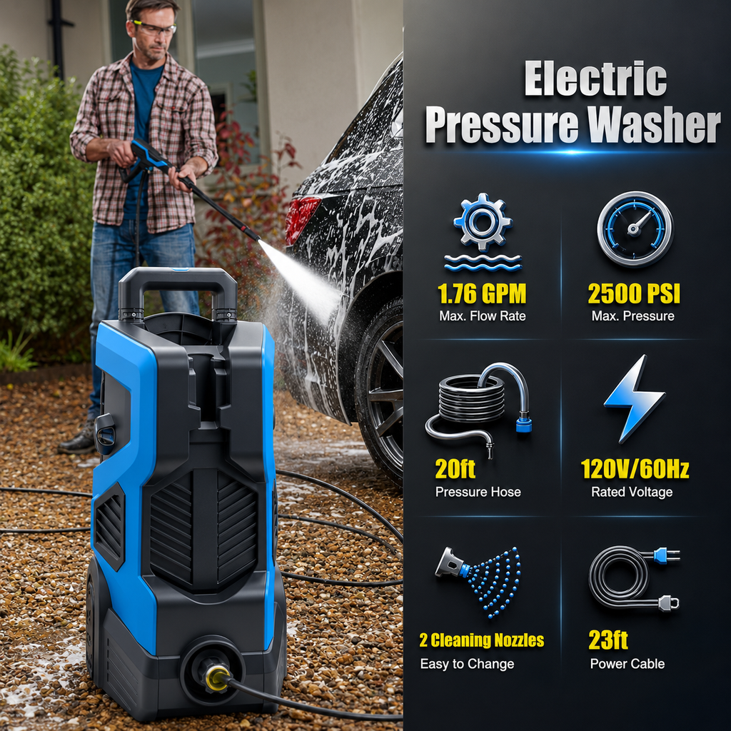 2500 PSI Electric Pressure Washer, Portable Power Washer with Anti-Twist Hose Reel, Detergent Tank, Quick-Connect Nozzles & Auto Stop System for Cars, Driveways, Patios, Decks & Home Cleaning