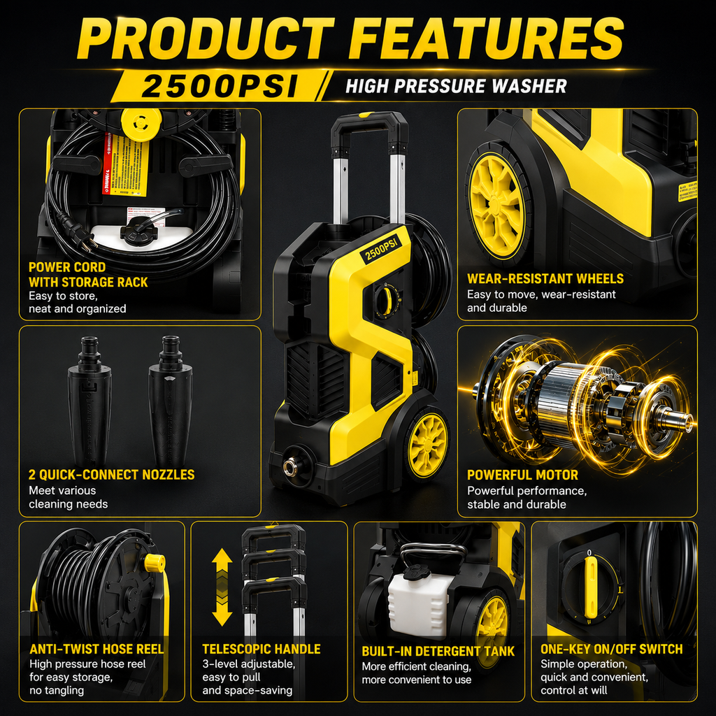 2500 PSI Electric Pressure Washer, Portable Power Washer with Anti-Twist Hose Reel, Detergent Tank, Quick-Connect Nozzles & Auto Stop System for Cars, Driveways, Patios, Decks & Home Cleaning