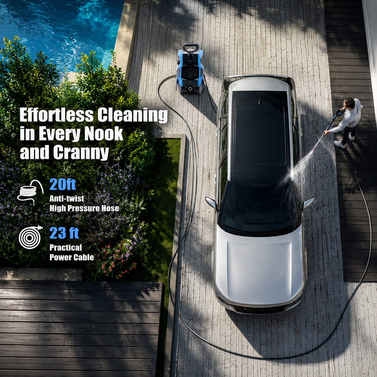 2500 PSI Electric Pressure Washer, Portable Power Washer with Anti-Twist Hose Reel, Detergent Tank, Quick-Connect Nozzles & Auto Stop System for Cars, Driveways, Patios, Decks & Home Cleaning