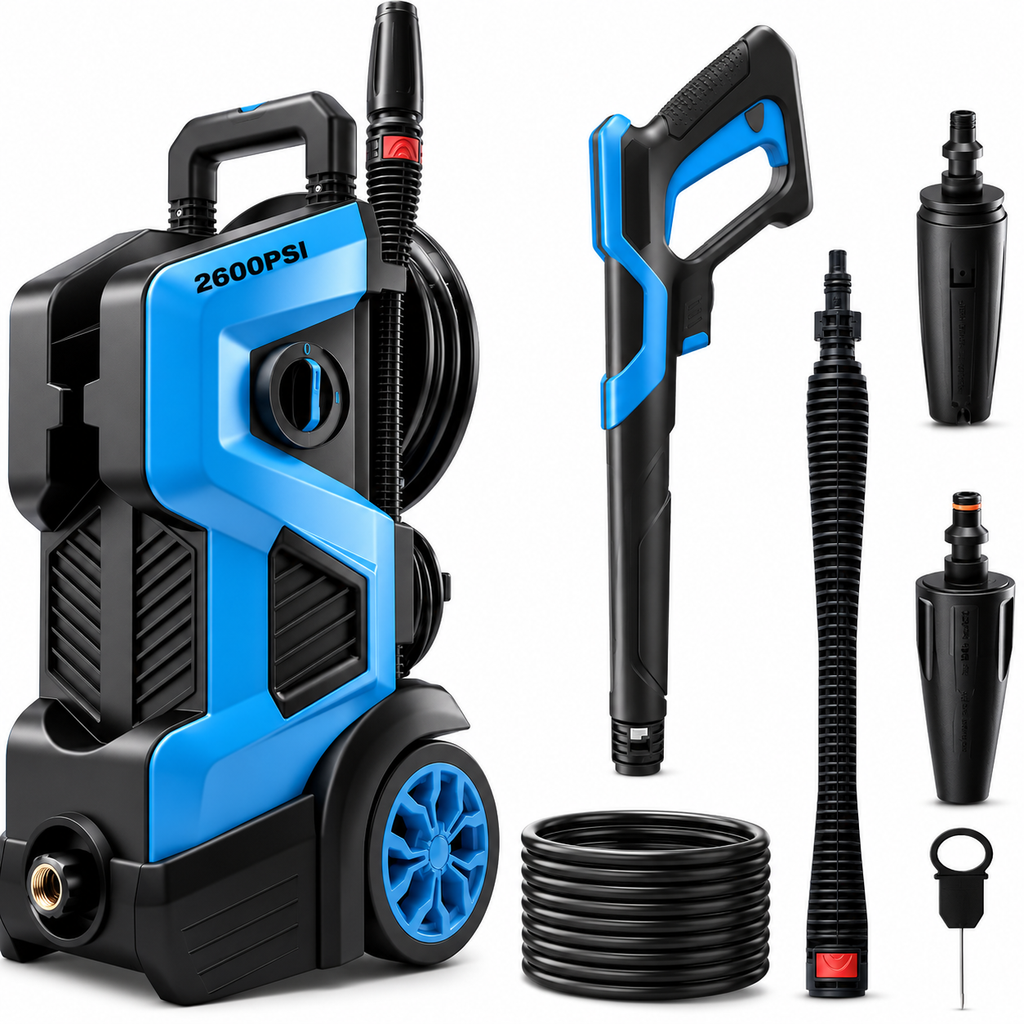 2500 PSI Electric Pressure Washer, Portable Power Washer with Anti-Twist Hose Reel, Detergent Tank, Quick-Connect Nozzles & Auto Stop System for Cars, Driveways, Patios, Decks & Home Cleaning