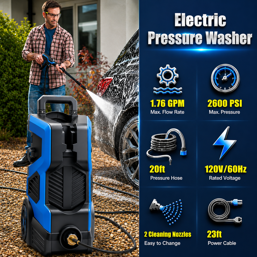 2500 PSI Electric Pressure Washer, Portable Power Washer with Anti-Twist Hose Reel, Detergent Tank, Quick-Connect Nozzles & Auto Stop System for Cars, Driveways, Patios, Decks & Home Cleaning