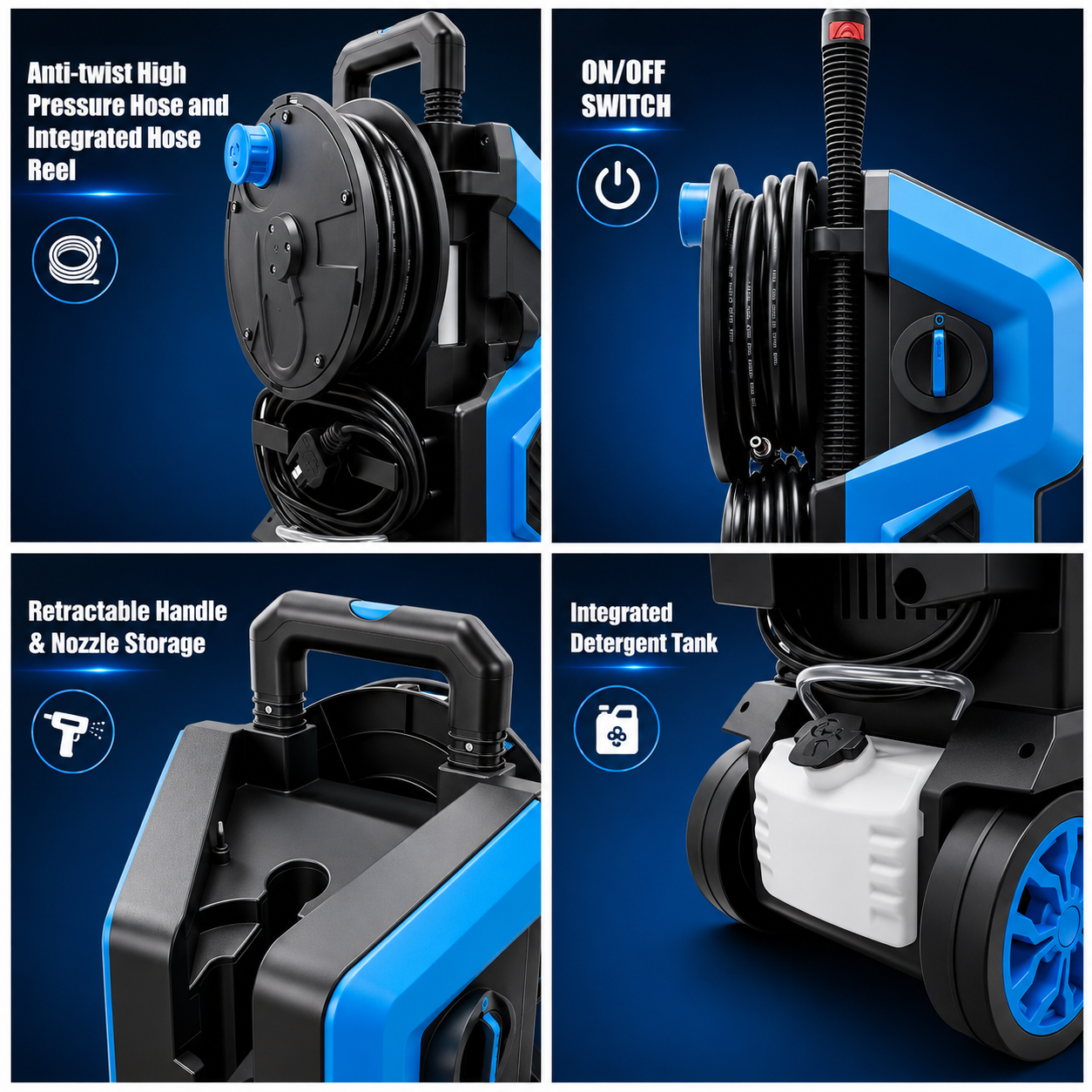 2500 PSI Electric Pressure Washer, Portable Power Washer with Anti-Twist Hose Reel, Detergent Tank, Quick-Connect Nozzles & Auto Stop System for Cars, Driveways, Patios, Decks & Home Cleaning