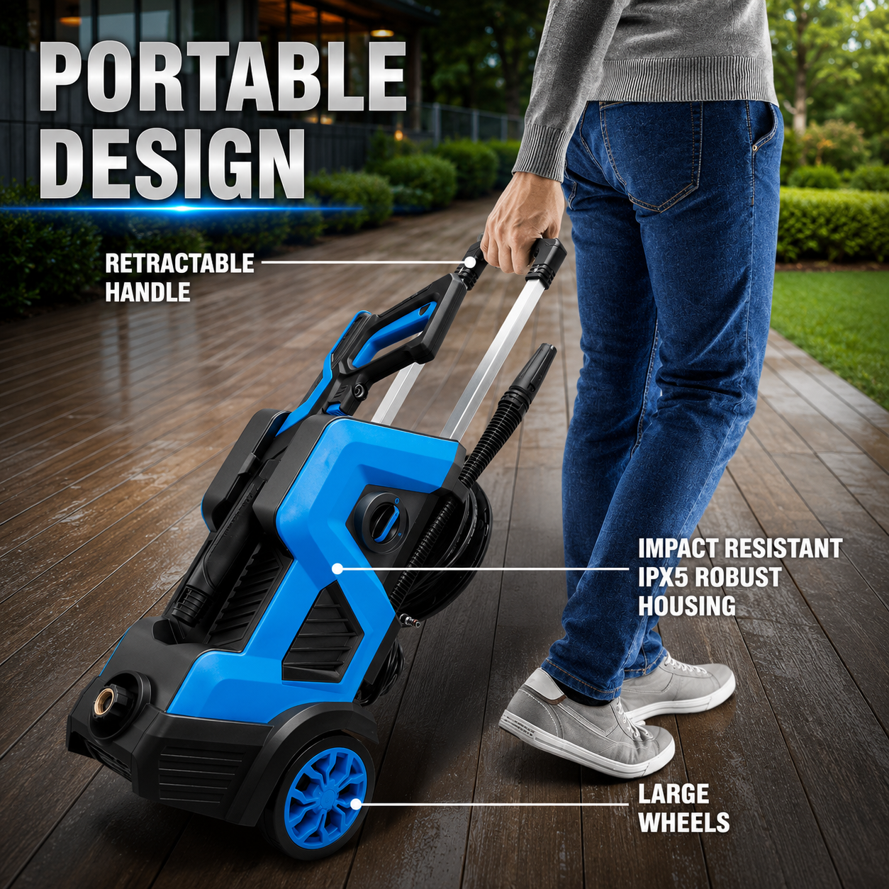 2500 PSI Electric Pressure Washer, Portable Power Washer with Anti-Twist Hose Reel, Detergent Tank, Quick-Connect Nozzles & Auto Stop System for Cars, Driveways, Patios, Decks & Home Cleaning
