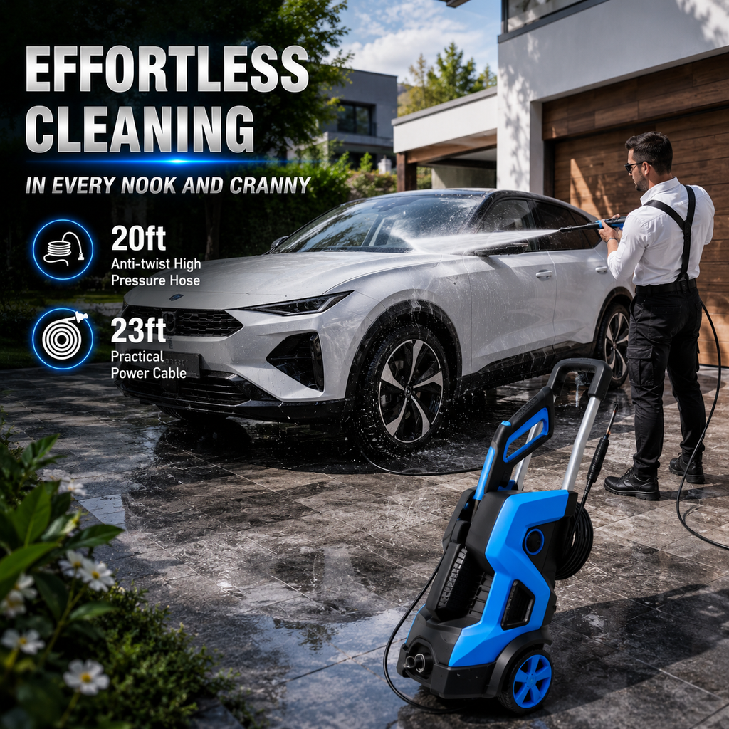 2500 PSI Electric Pressure Washer, Portable Power Washer with Anti-Twist Hose Reel, Detergent Tank, Quick-Connect Nozzles & Auto Stop System for Cars, Driveways, Patios, Decks & Home Cleaning