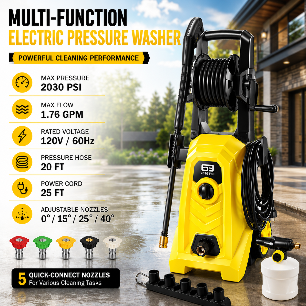 Electric Pressure Washer 2030 PSI, 1.76 GPM Portable Power Washer with Foam Cannon, 1800W High Pressure Cleaner for Car Washing, Driveways, Patios, Decks & Outdoor Cleaning