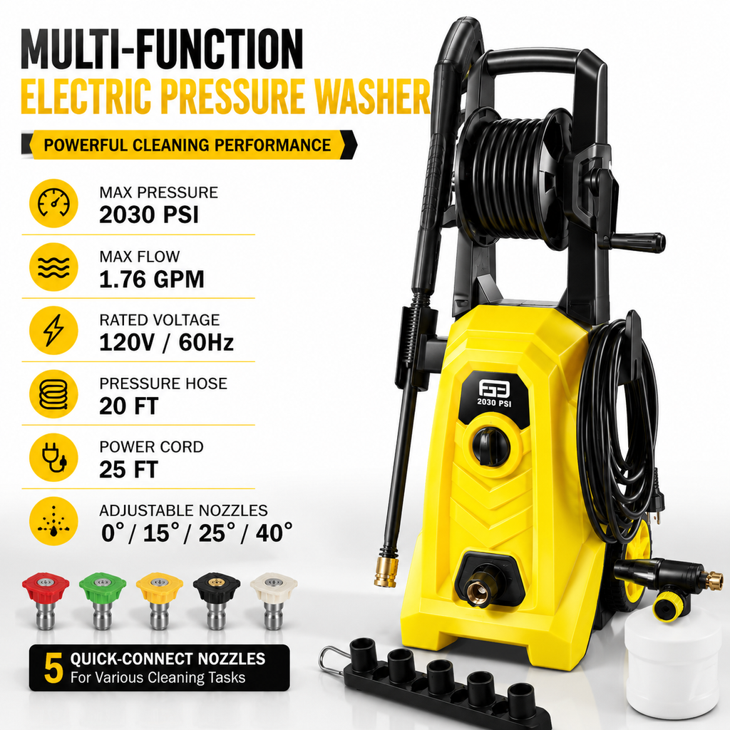 Electric Pressure Washer 2030 PSI, 1.76 GPM Portable Power Washer with Foam Cannon, 1800W High Pressure Cleaner for Car Washing, Driveways, Patios, Decks & Outdoor Cleaning